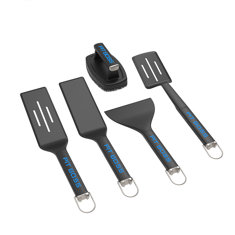 Pit Boss Ultimage Griddle Kit 5 Piece Griddle Accessories Cerami Cook Tops - Black with silver handles and blue pit boss logo lettering