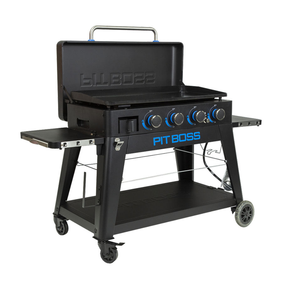 black griddle with griddle hood open and blue details/pit boss logo. side angle view