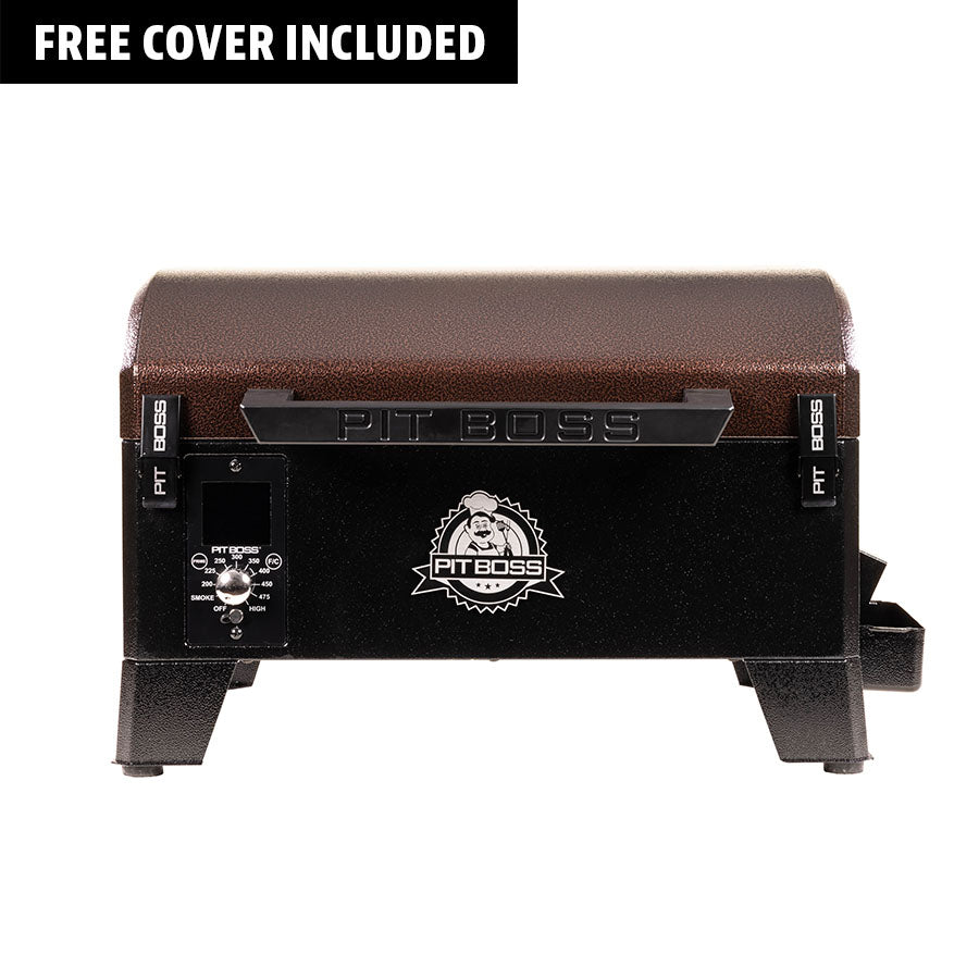 Pit Boss Mahogany Tabletop Portable Wood Pellet Grill with free cover and white pit boss logo