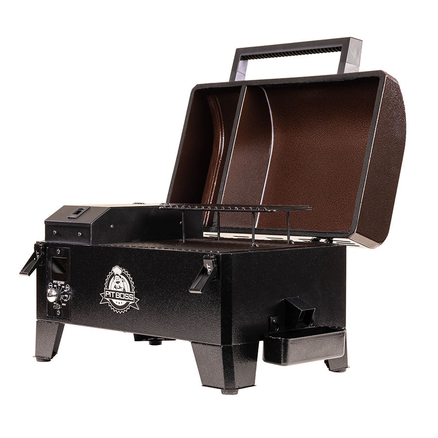 Pit Boss Mahogany Tabletop Portable Wood Pellet Grill, side angle open to reveal wood pellet hopper and cooking grates