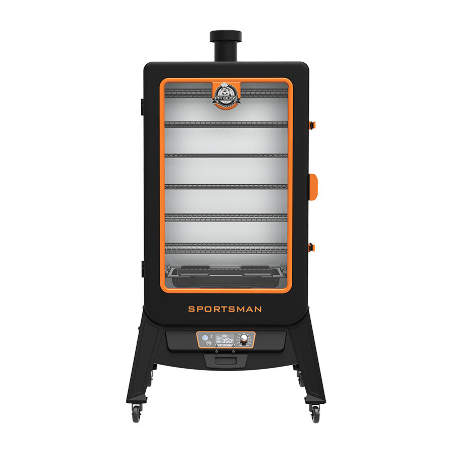 Pit Boss Sportsman 7-Series Vertical Wood Pellet Smoker studio front image orange and black smoker
