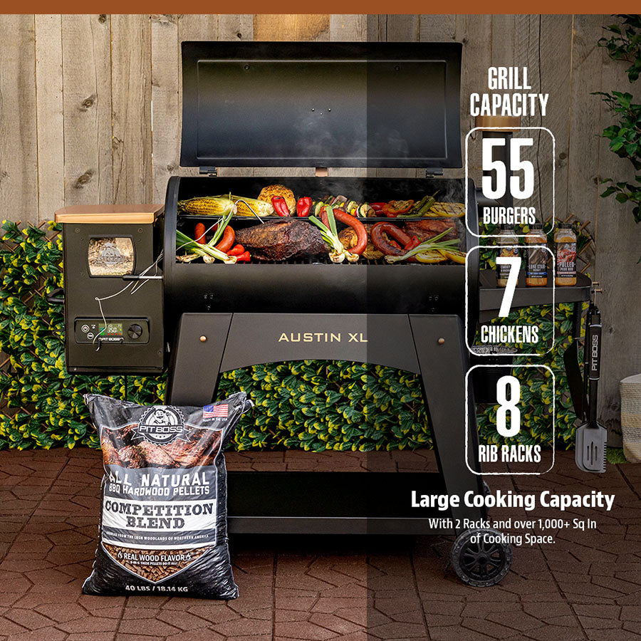 Pit Boss Austin XL Onyx Edition Wood Pellet Grill, can hold up to 55 burgers at once