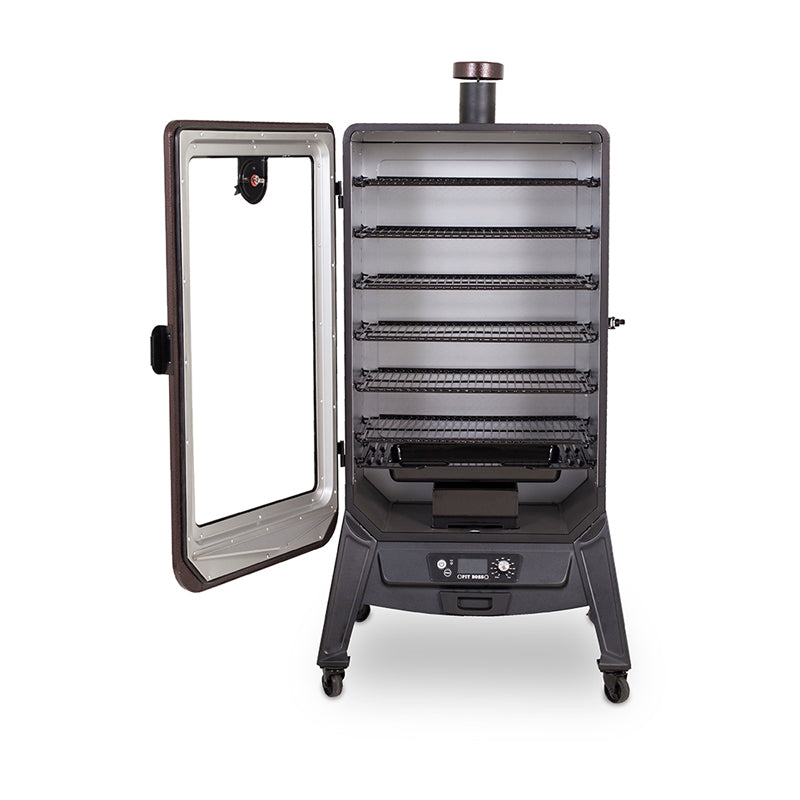 Pit Boss Copperhead 7 Series Vertical Wood Pellet Smoker, Mahogany Color, Cabinet Door Open