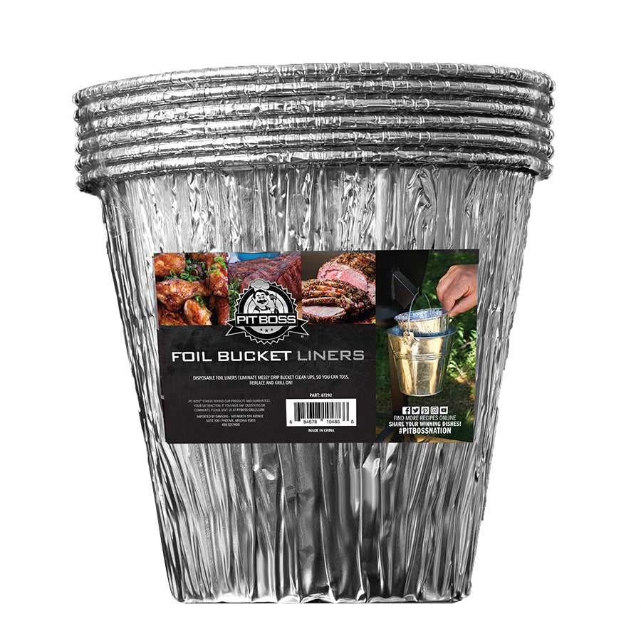 Silver liners and black packaging with white lettering and photos of bbq food