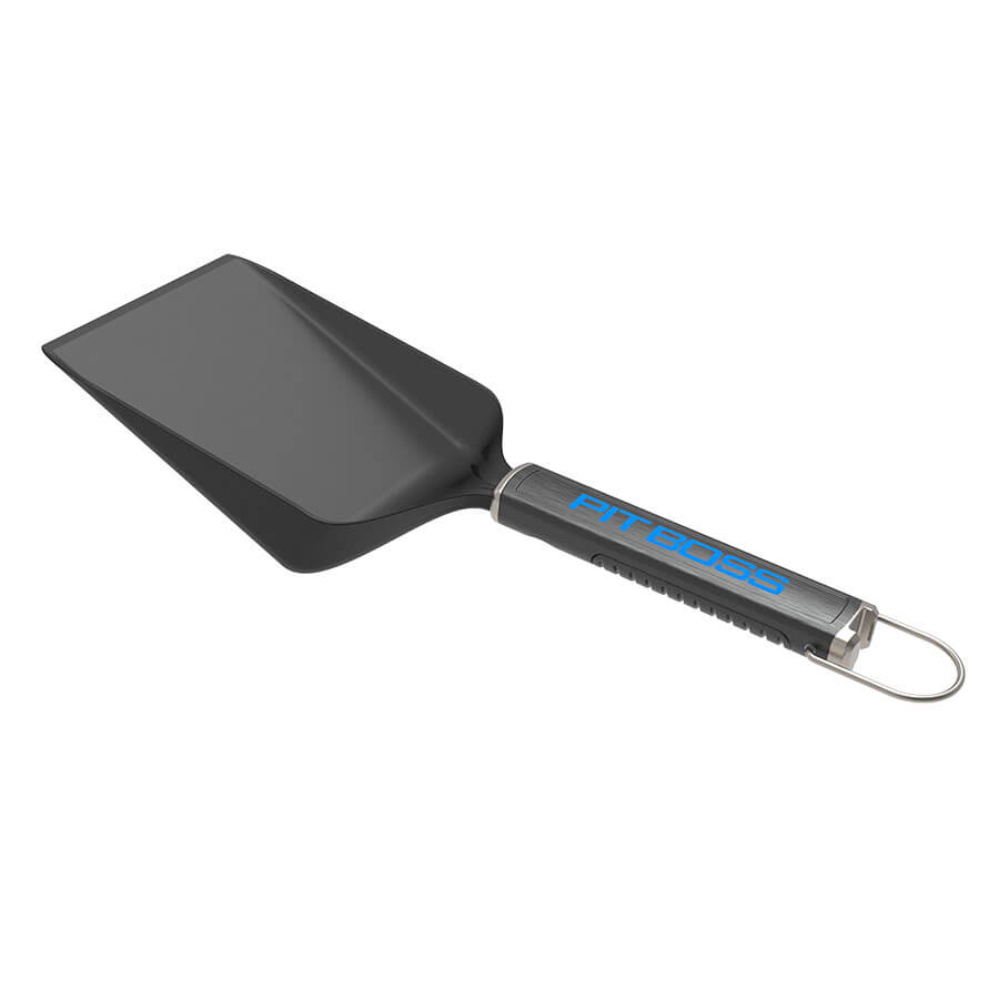 Ultimate griddle tool grub shovel, black polymer nylon with blue logo and silver hang loop