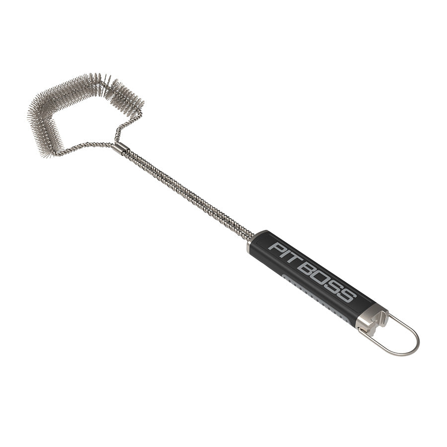 Pit Boss Stainless Steel Cleaning Brush for grills and smokers. Silver grey with black handle and pit boss logo