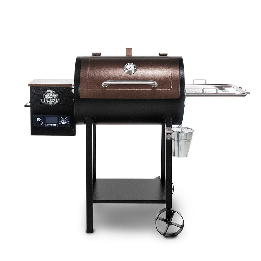 black grill with redish brown and silver accents and white pit boss logo on pellet hopper. front view