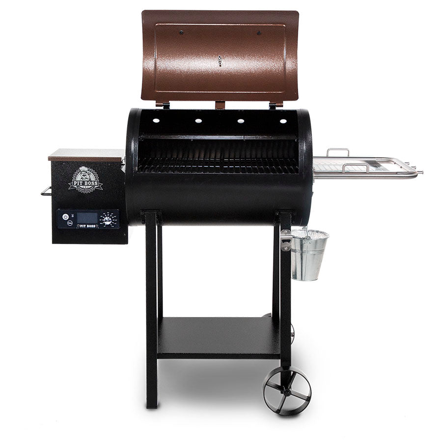 black grill with redish brown and silver accents and white pit boss logo on pellet hopper. front view. grill hood open