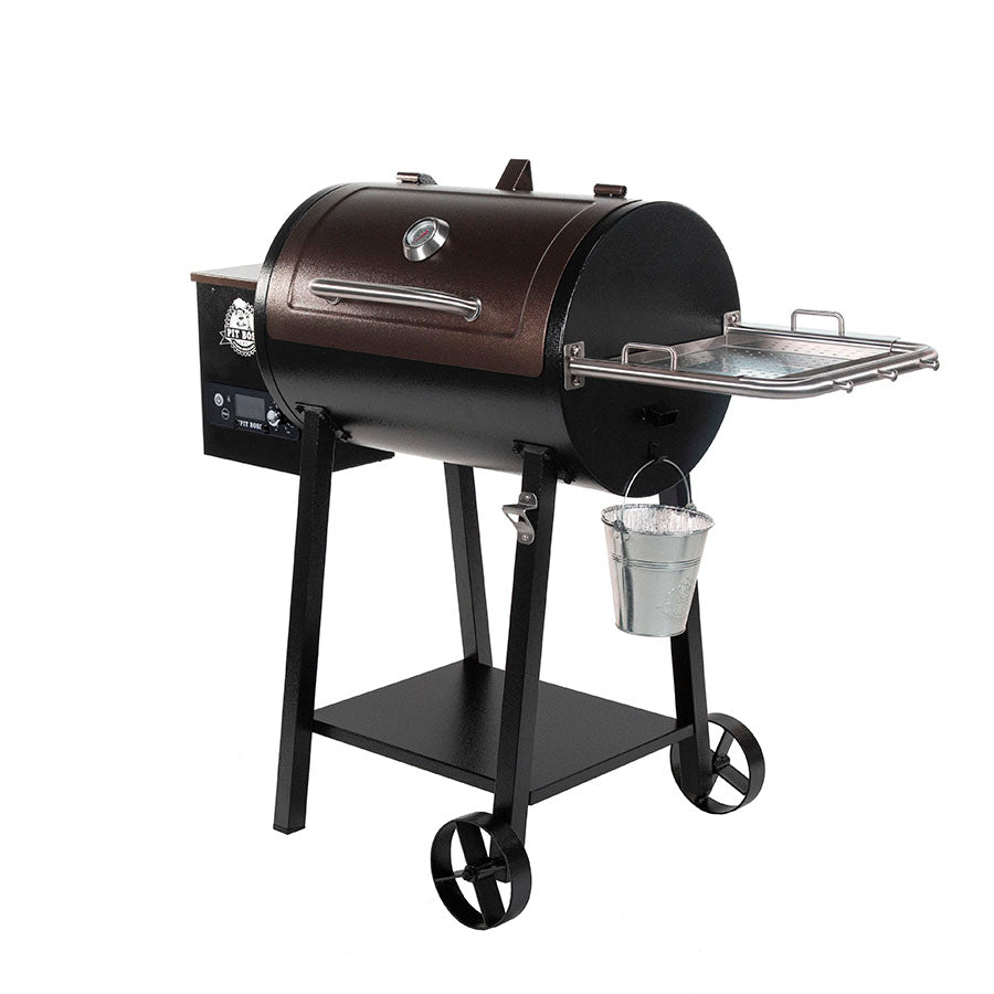 black grill with redish brown and silver accents and white pit boss logo on pellet hopper. side angle view