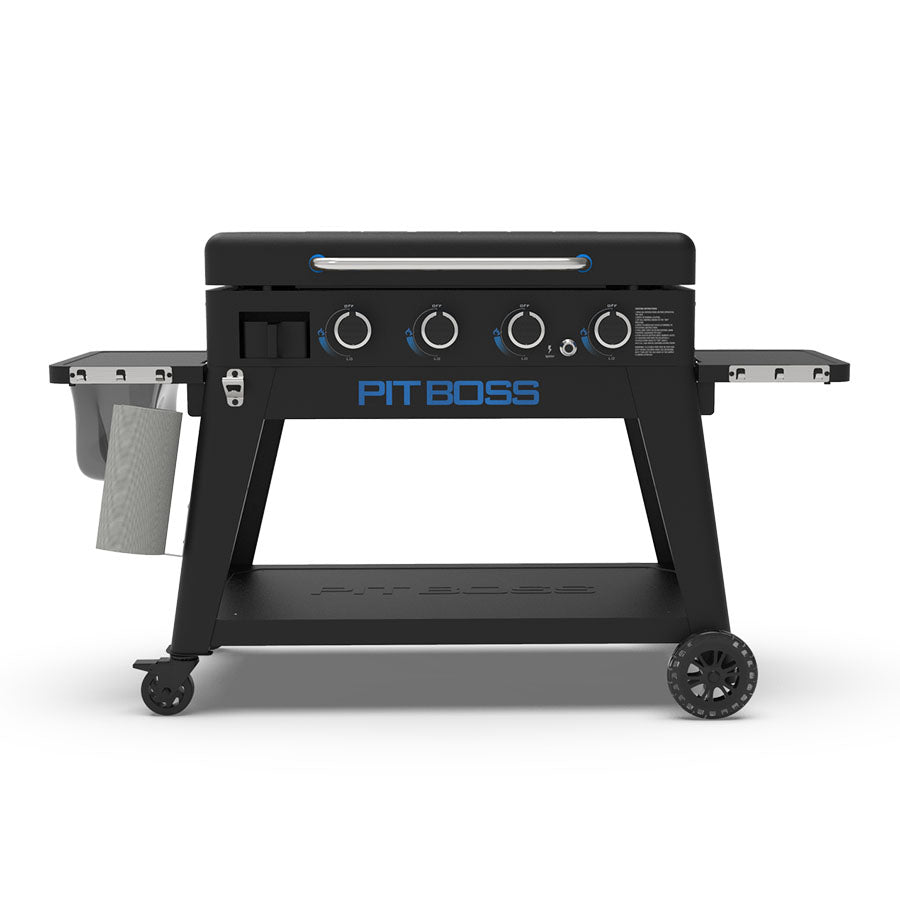 Black griddle with white and blue details. front view