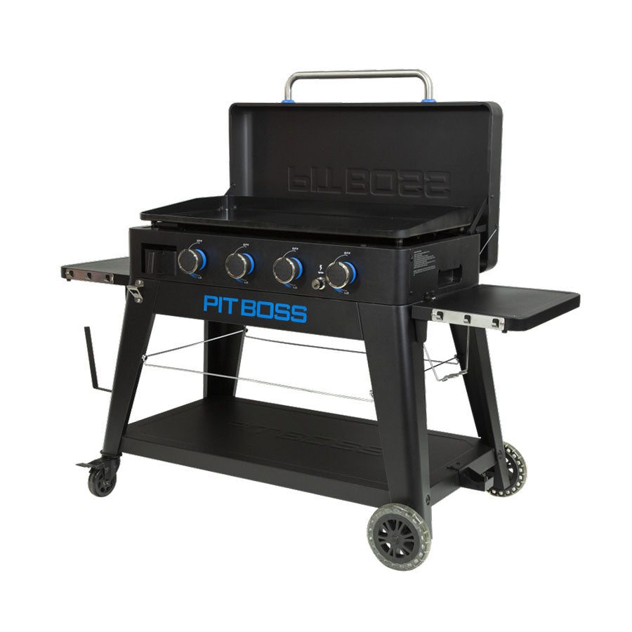 black griddle with griddle hood open and blue details/pit boss logo. side angle view