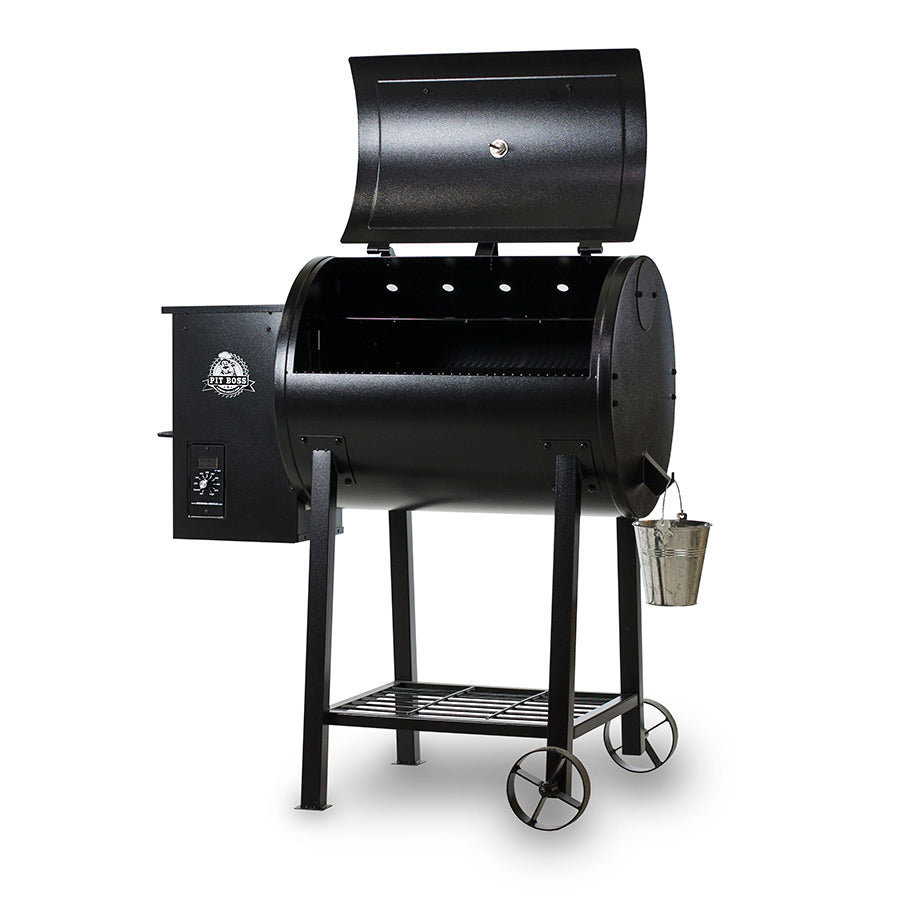 black grill with silver accents and white pit boss logo. grill hood open. side angel view